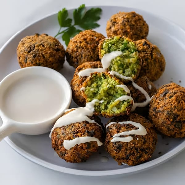 A plate of falafel, some drizzled with white sauce, with a side of white dipping sauce.