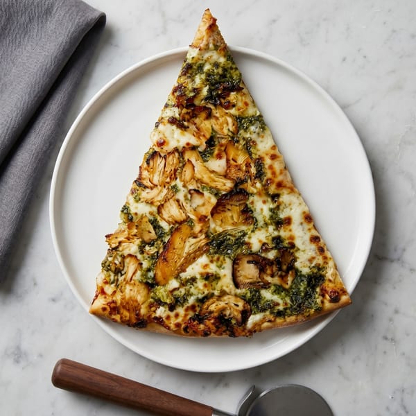 A slice of chicken pesto pizza with melted cheese on a white plate, with a pizza cutter.