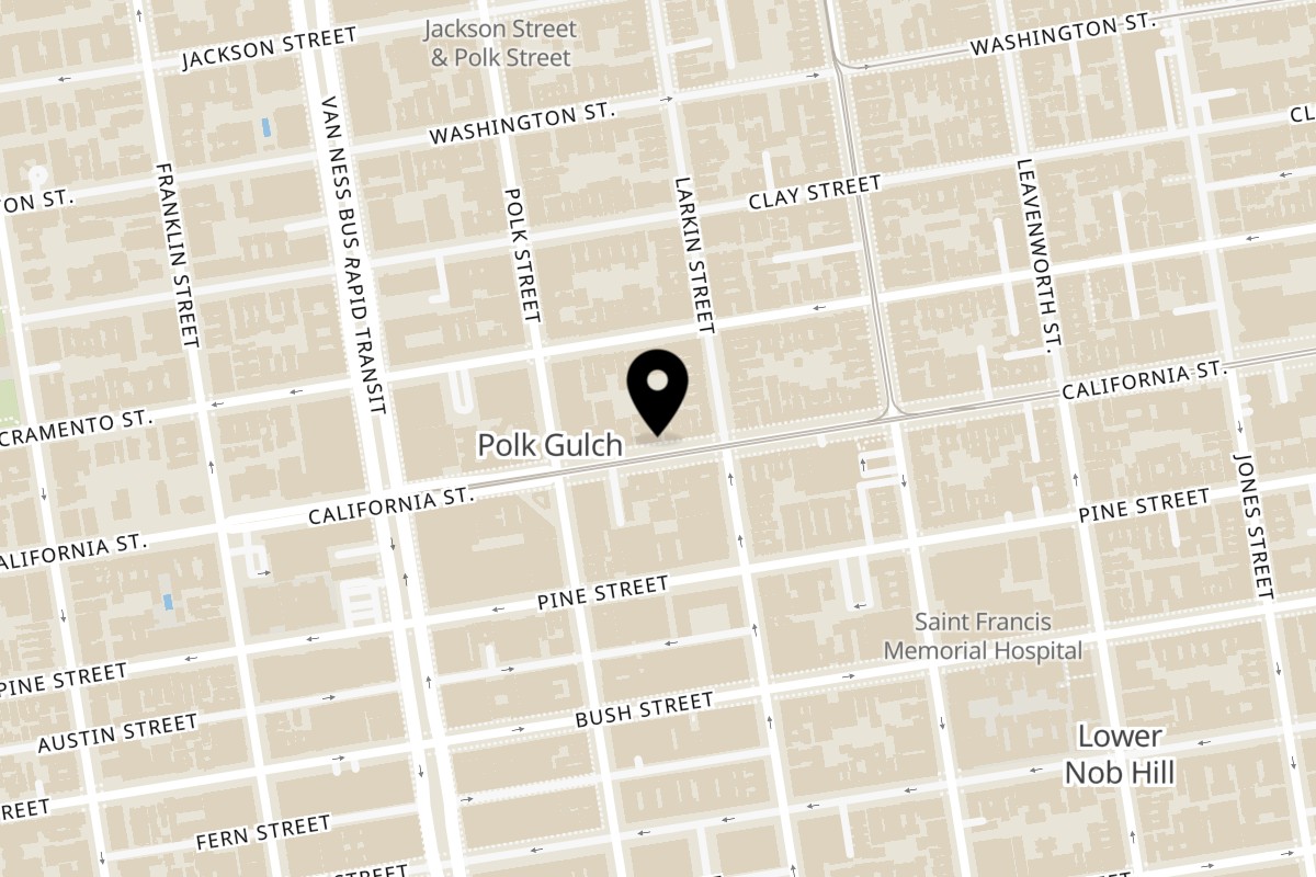Map showing the location of Nobhill Pizza & Shawarma on 1534 California St in San Francisco